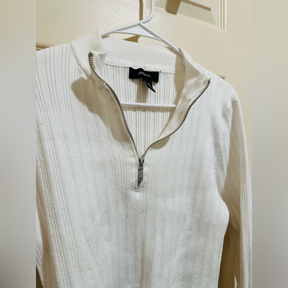 F21+ White Ribbed Quarter Zip - Picture 2 of 4